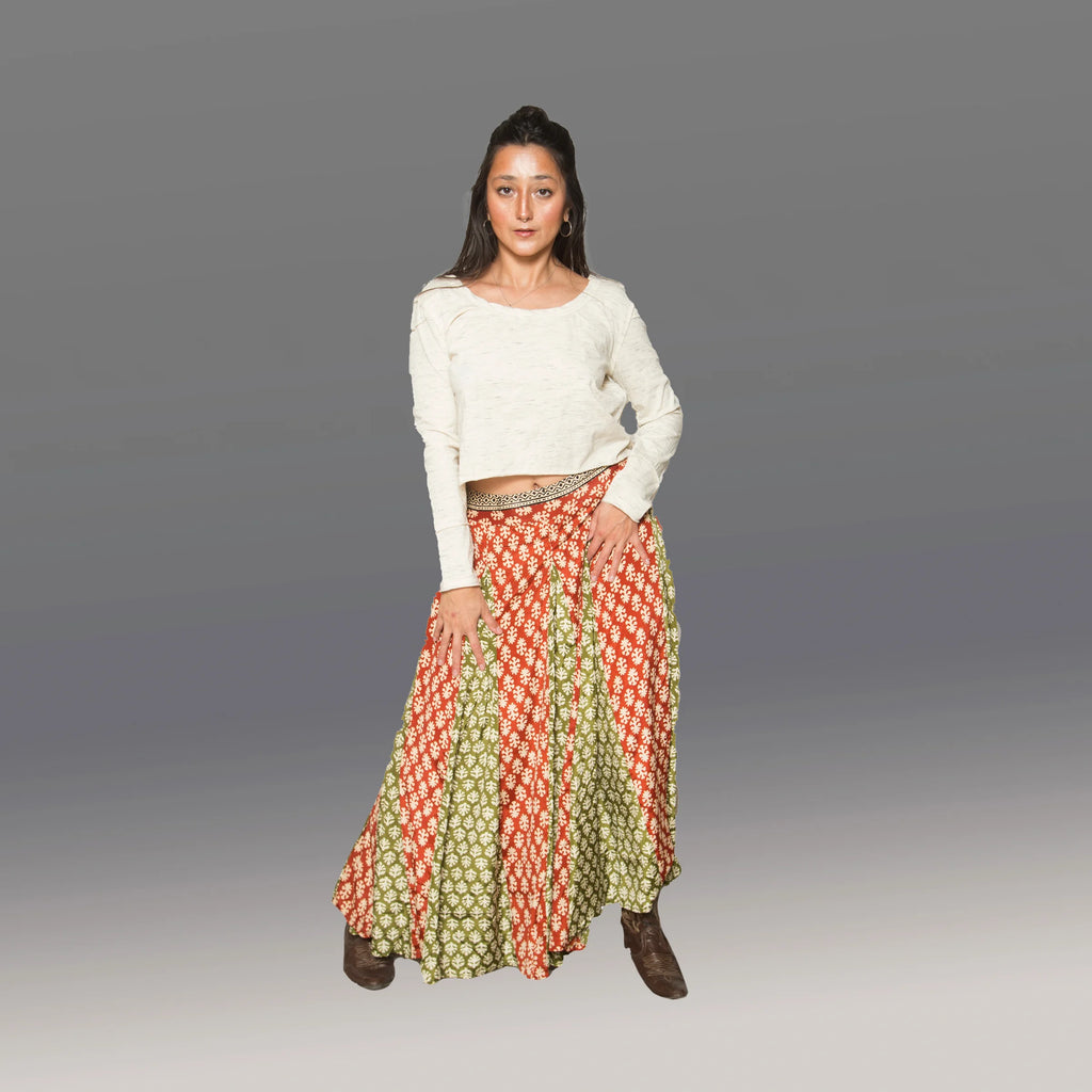 Kasuri Skirt (Block Print Rust & Olive)