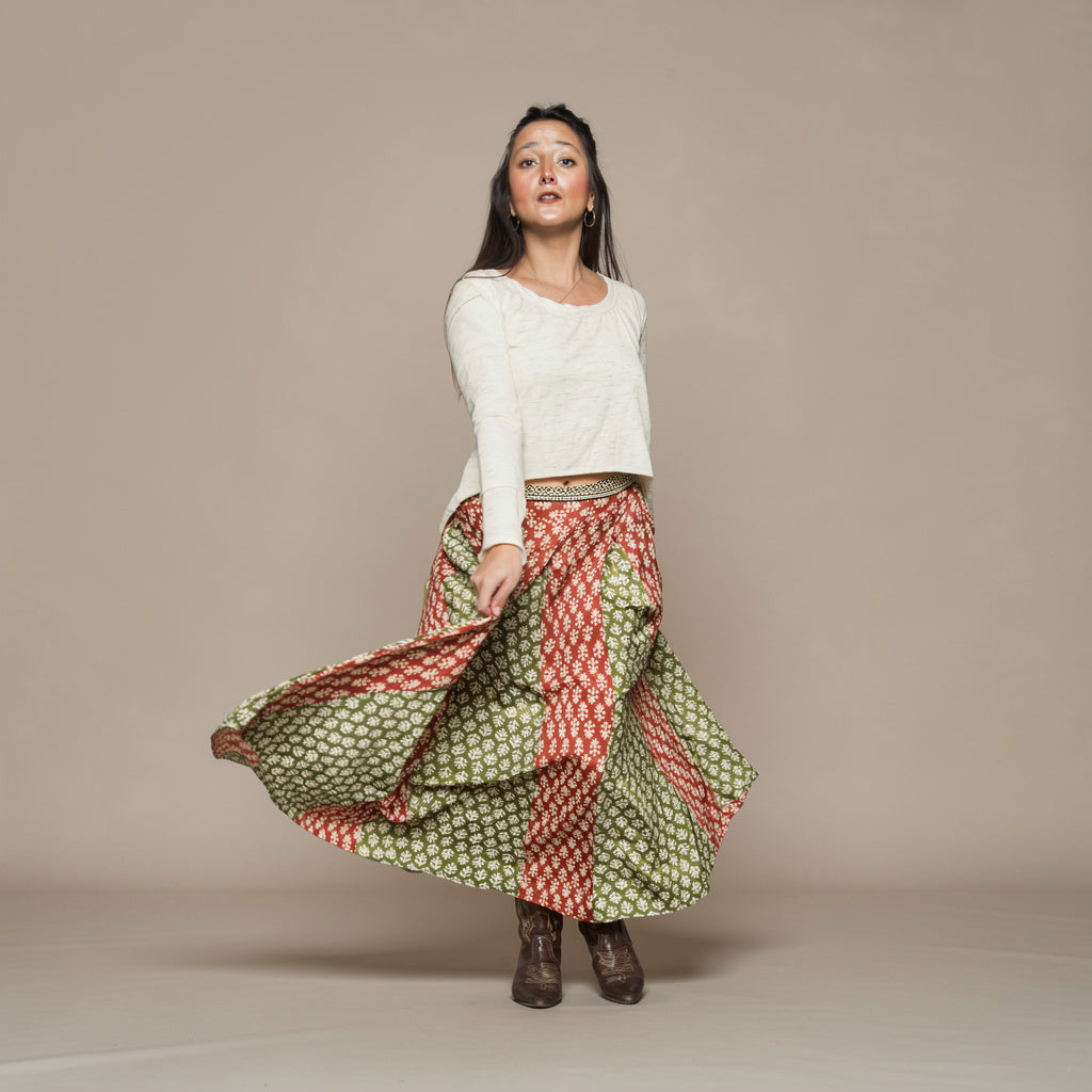 Kasuri Skirt (Block Print Rust & Olive)