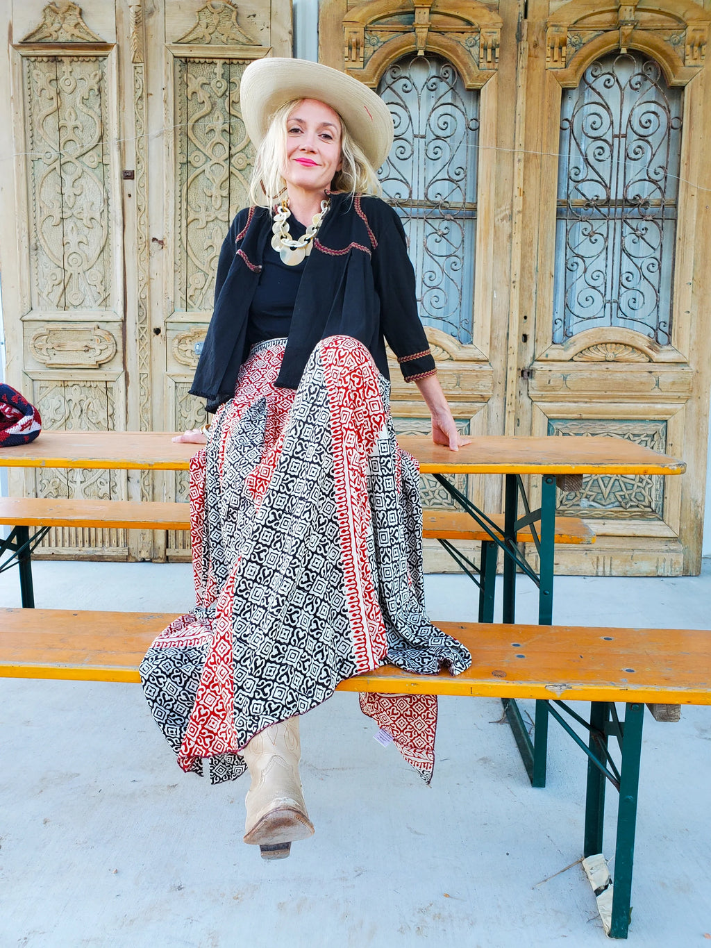 Kasuri Skirt (Block Print Rust & Black)