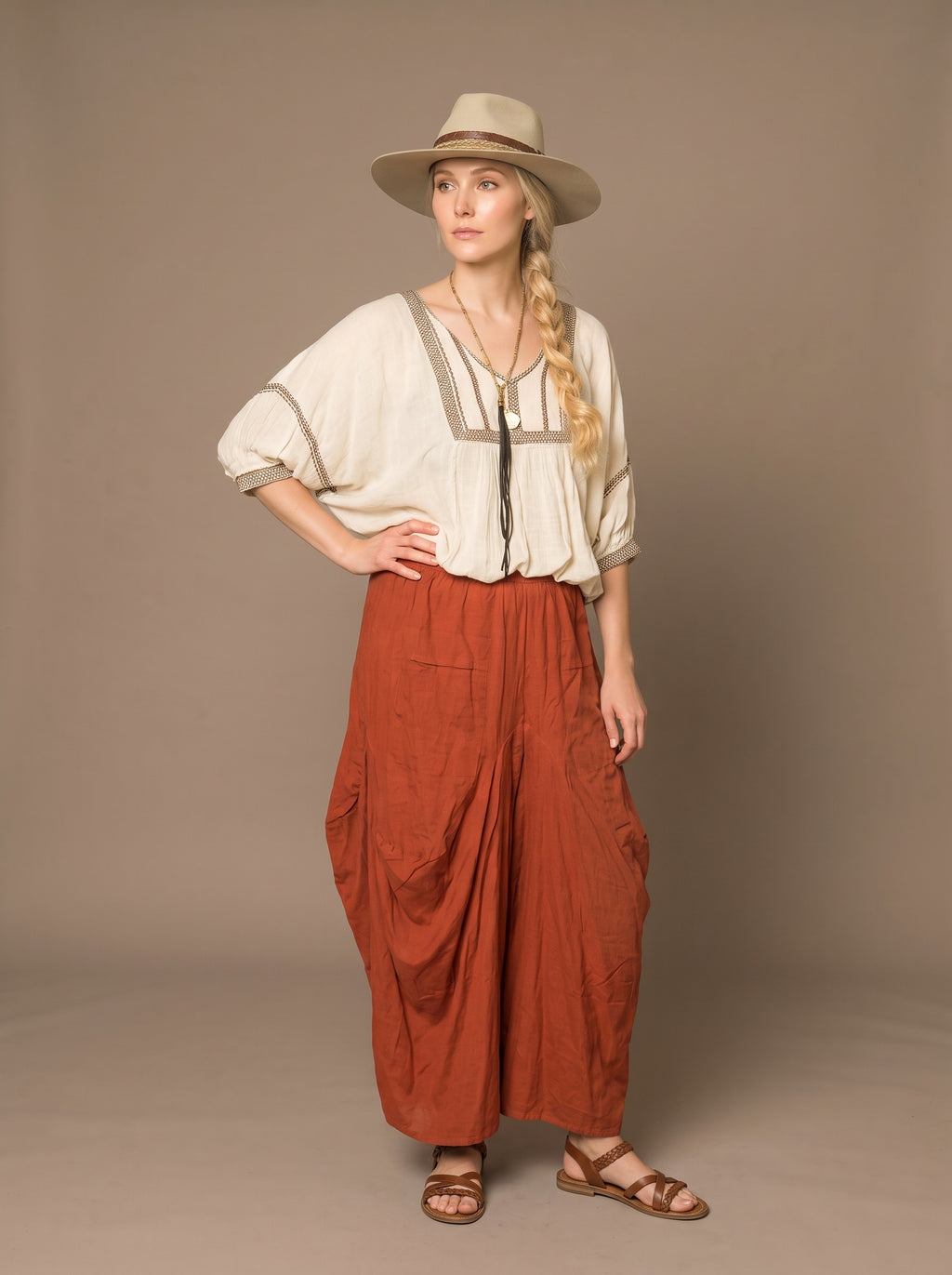 Malia Palazzo Pants (Rust Flax)