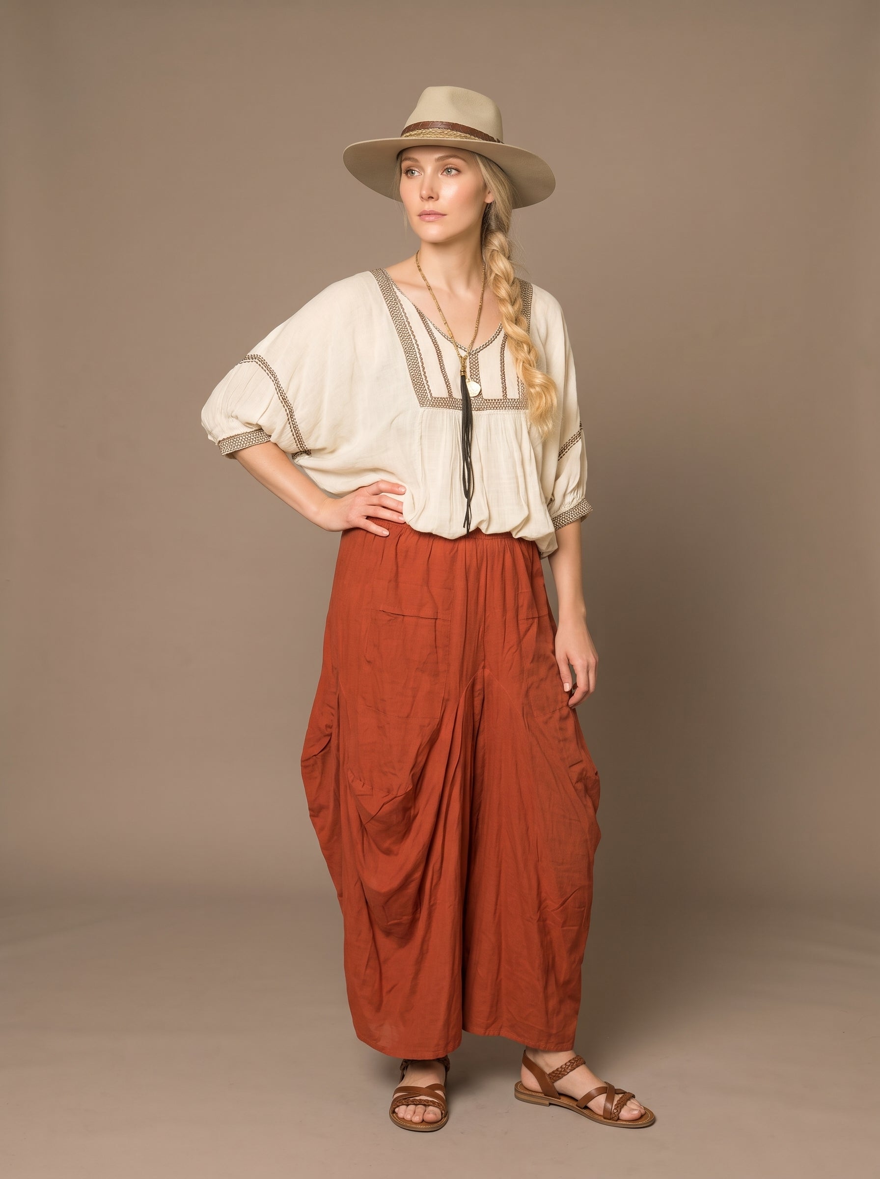 Malia Palazzo Pants (Rust Flax)