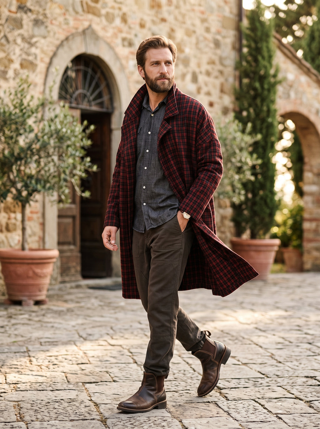 Men's Wool Plaid Coat (Black/Red)